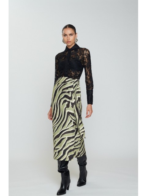 MIX AND MATCH Penelope Midi Skirt Olive Zebra Πράσινη Ζεβρέ Μίντι Φούστα